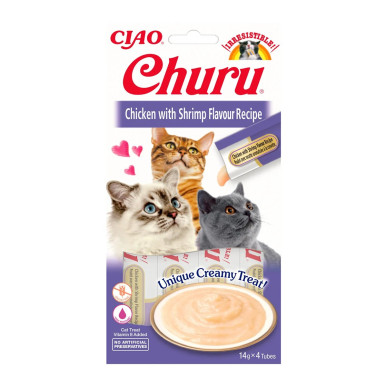 Churu Recompensă Cremoasă cu Pui și Creveți, 4 x 14 g – gustare fină pentru pisici